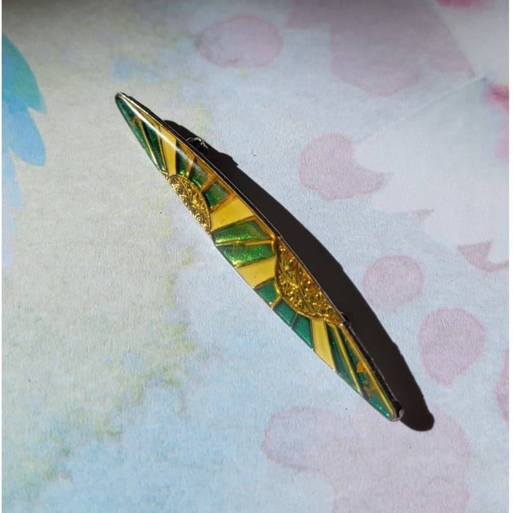 Art Deco Sunburst Bar Brooch Unisex Green Yellow Excellent Enamel